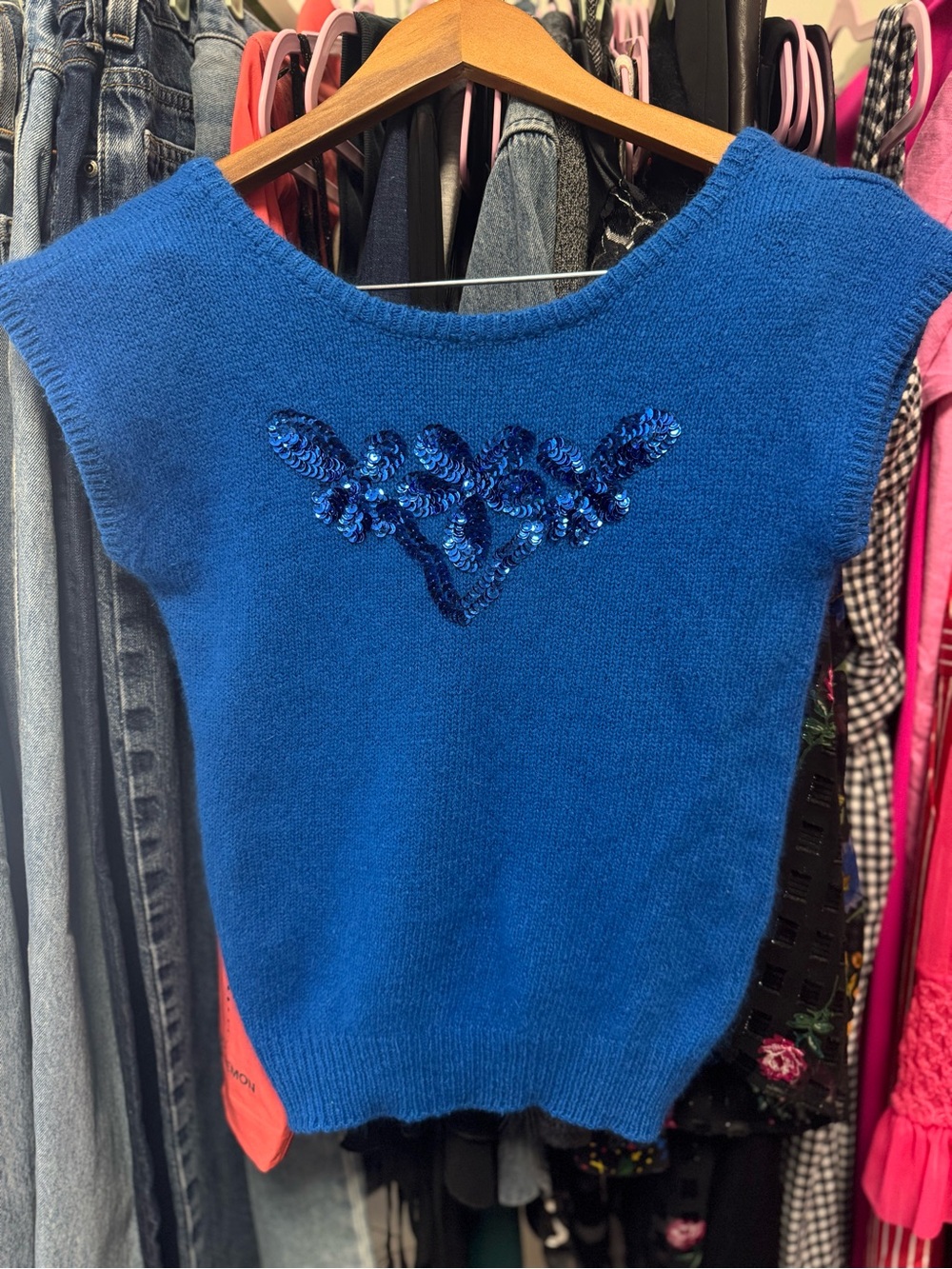 Susan Van Heusen Vintage Cobalt Blue Sequin Knit Sweater Vest Short Sleeve Top